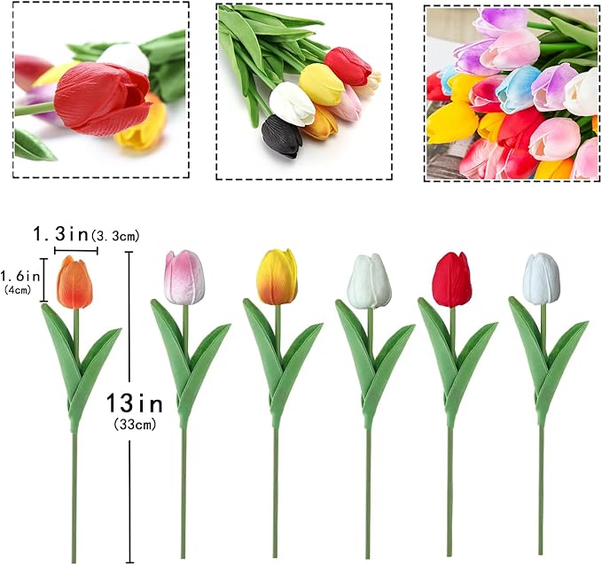 15PCS Artificial Tulips Flowers,Real Touch 14" Silk Fake Tulips,Bulk Fake Flowers,Faux Flowers,Artificial Flowers for Home Kitchen Office Dining Room Wedding Decorations (Colorful)