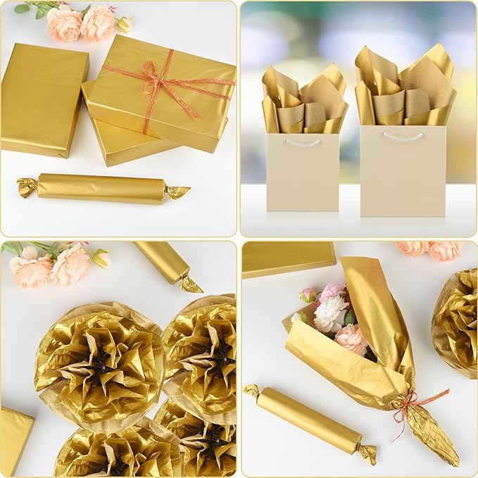 NEBURORA Metallic Gold Tissue Paper - 120 Sheets, 14 x 20 Inches, Bulk Gold Wrap Paper for Gift Bags, Packaging, Floral Filler, Crafts, Christmas, Birthday, Wedding Decor