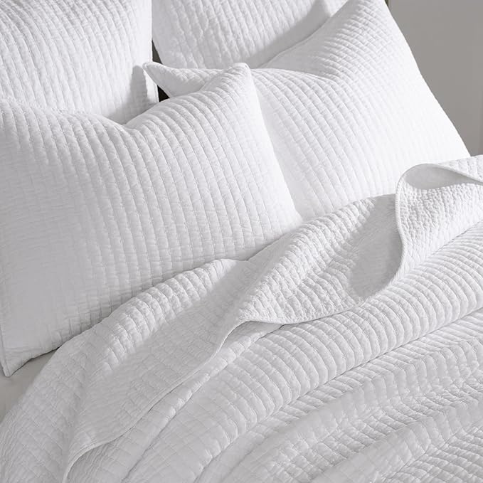 Levtex Home Cross Stitch Reversible King/Cal King Quilt Set (106x92in) and 2 Pillow Shams (36x20in) - Stitch Texture - Bright White - Cotton King Size Quilt Bedding Set - Lightweight Soft Pre-Washed