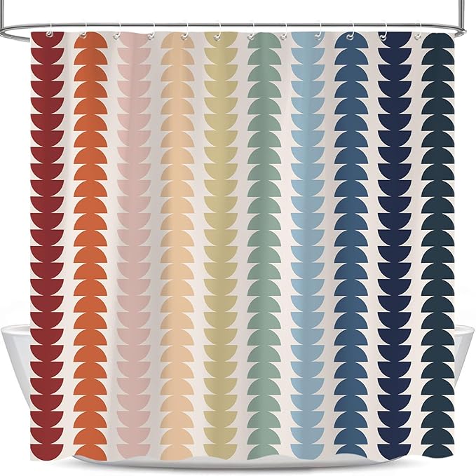 Modern Geometric Shower Curtain, Vintage Rainbow Mid-Century Abstract Art Design Bath Curtains for Bathroom, Colorful Semicircular Pattern Waterproof Polyester Fabric Bathroom Set 12 Hooks 72X78IN