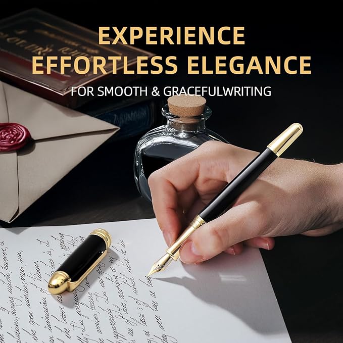 YUMSWETP Luxury Fountain Pen Gift Set For Writing Smooth, Fine Nib, Includes Refillable Ink Converter &10 Black 3.4mm Ink Cartridges Metal Pen,Journaling Fancy Pen