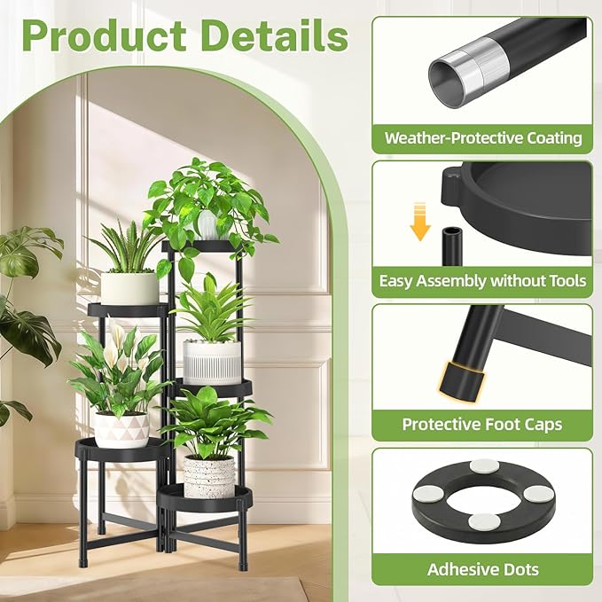 iDavosic.ly 5 Tier Folding Plant Stand Indoor Outdoor with Grow Light, Tiered Corner Flower Holder Shelf with Plastic Tray, Metal Orchid Display Rack for Patio Porch Living Room Garden Balcony, Black