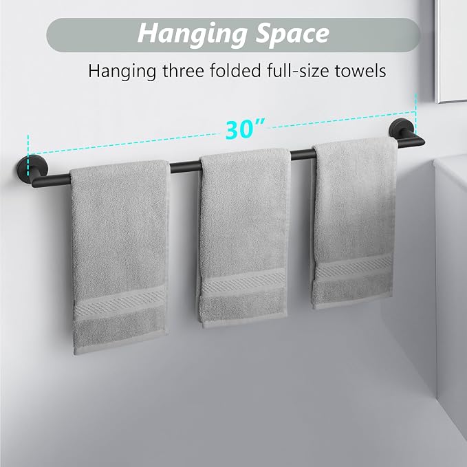 Bath Towel Bar 30 Inch Towel Rack for Bathroom Wall Mount Heavy Duty Bath Towel Holder Modern Towel Rod Black Towel Hanger Bathroom Accessories Towel Rail Stainless Steel Single Towel Bars Matte Black