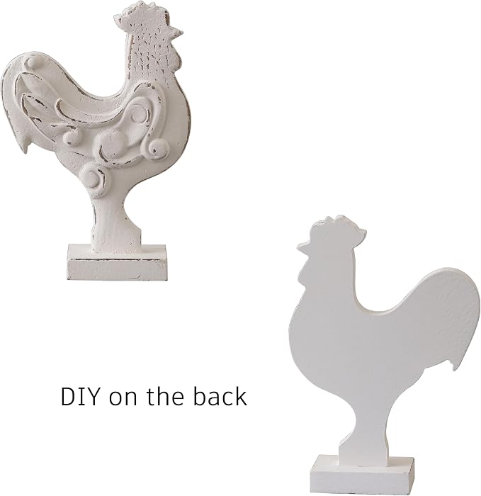 Rustic Small Chicken Statue Kitchen Decor 6 X 8 Inch, Handmade Distressed White Rooster Decor for Tabletop, Wooden Chicken Themed Gifts for Christmas Kitchen Mantel Dining Room Living Room