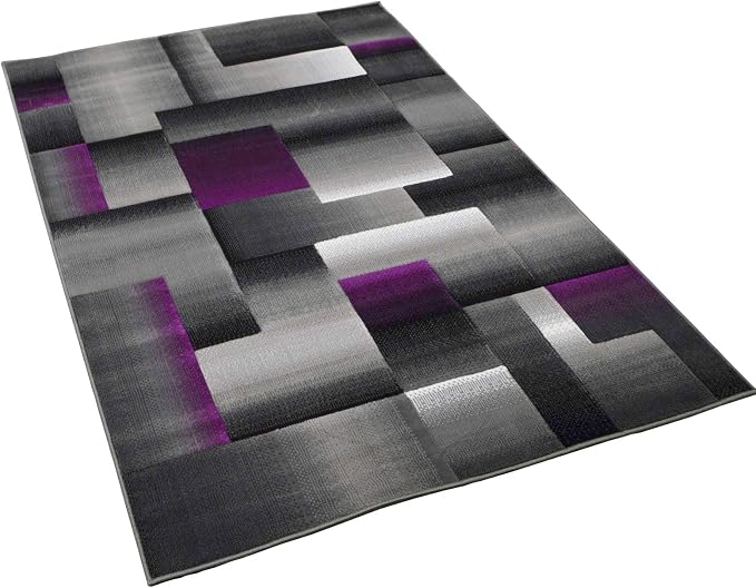 HR 8’ x 10’ Rug in Purple - Premium Quality Purple/Black/Gray Abstract Geometric Modern Squares Pattern Area Rug - Contemporary Styling for Living Room, Bedroom - Unique Home Decor