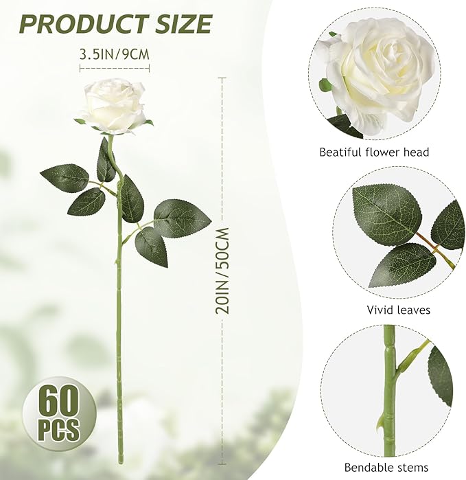 Kisflower 60 Pcs White Roses Artificial Flowers Bulk, Silk Roses with Stem Realistic White Artificial Roses for Decoration DIY Wedding Bouquet Bridal Shower Party Home Table Centerpieces Decor (White)