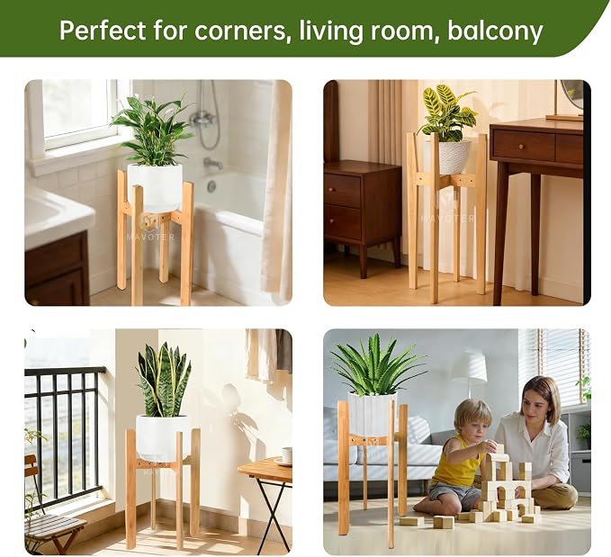 MAVOTER Adjustable Plant Stand Indoor,23.6" Tall Bamboo Mid Century Modern Plants Stands Fits 8-12 Inch Pots,Stable Single Floor Corner Flower Pot Holder for Living Room, Balcony