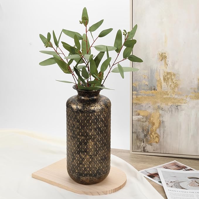 Flower Vase Rustic Metal Vase, 14" Black and Gold Pattern Vase for Farmhouse Home Décor Artificial Flowers and Centerpieces
