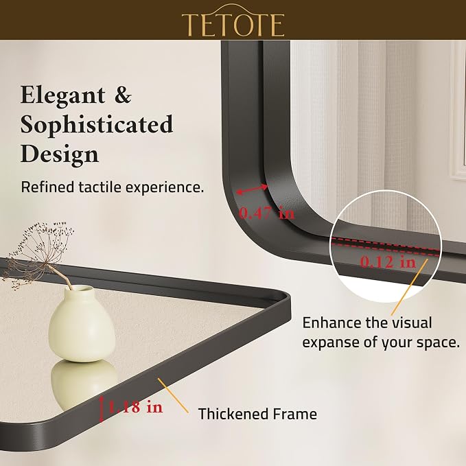 TETOTE 16 x 24 Inch Black Frame Mirror, Bathroom Vanity Mirror for Wall, Modern Round Corner Rectangle Matte Framed Mirror 2 Inch Thick(Horizontal/Vertical)