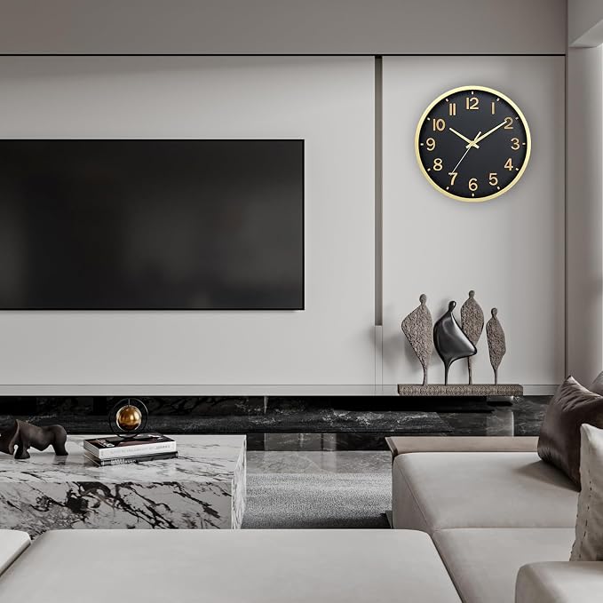 Wall Clocks Battery Operated 12 inch Modern Wall Clock,Silent Non Ticking Wall Clock for Living Room Bedroom Kitchen Office Classroom Decor (Black Gold)