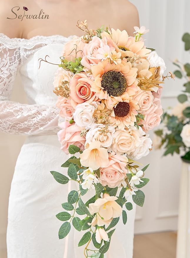 Serwalin 11 Inch Wedding Bouquets for Bride Bridesmaid, Champagne Bridal Bouquets for Bride, Wedding Flowers Bouquet Tossing Bouquet, Wedding Ceremony and Anniversary Day Decor