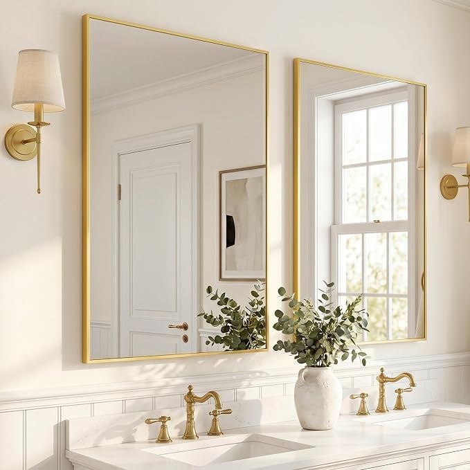 24x36 Inch Brushed Gold Bathroom Mirrors Set of 2, Tempered Glass Rectangular Wall Mirror, Rustproof Metal Frame Double Vanity Mirrors for Over Sink, Entryway, Flush Mount