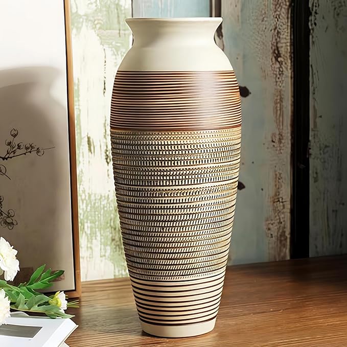 Ceramic Rustic Farmhouse Vase, 12.6" Large Vintage Flower Vase Home Decor,Tall Boho Decorative vase for Living Room, Table, Mantel, Shelf and Centerpieces Decor and Housewarming (E)