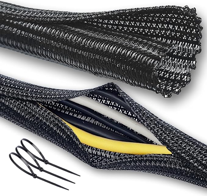 Cable Management Split Wire Loom Sleeve - Cord Hider & Protector for Desk, Pet Chew Proof, Wire Cover Organizer, Flexible Tube for Wires and Cables (1/2 Inch 50FT, Black)