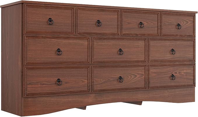 63”W Dressers for Bedroom, Long Dresser with 10 Deep Drawer, Dressers & Chests of Drawers for Clothes, Easy Pulls Handle, Textured Borders, for Living Room, Hallway,Cherry Wood