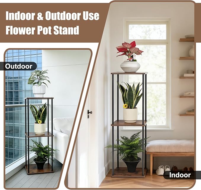 Vigordream Plant Stand Indoor Outdoor 3 Tier Metal Plant Shelf Tall Pedestal Stand Flower Pot Stands Multiple Planter Support Rack for Corner Living Room, Balcony, Garden Patio (Retro Brown, 34 INCH)