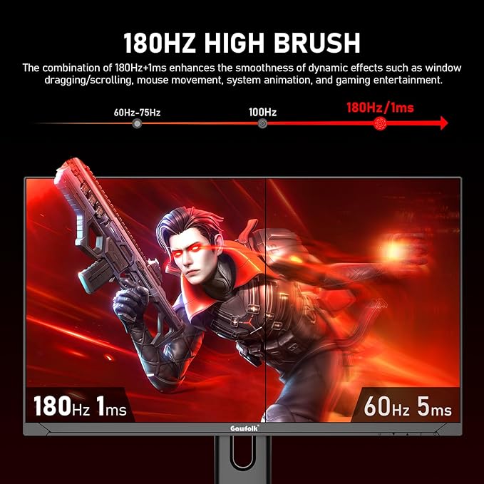 Gawfolk 27 inch 2K QHD(2560×1440) PC Screen, 180Hz Gaming Monitor, 1ms Without Bezel, FreeSync,100% sRGB, 178° Wide Viewing Angle, HDMI2.0、DisplayPort, 75 * 75MM Wall Mount Compatible - Black