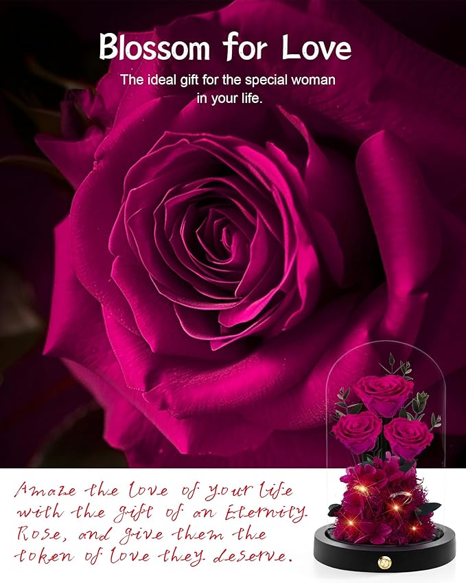 Christmas Flowers Roses Gifts for Mom,Forever Real Preserved Roses in Glass Dome,Christmas Anniversary Thanksgiving Gifts for Wife Girlfriend Women Best Friend Grandma/Rose