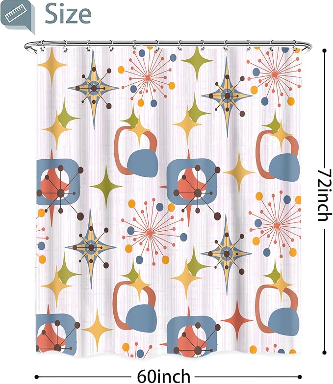 Mid Century Shower Curtain, 60x72inch, Modern Abstract Retro Pink Striped Geometric Shower Curtain Sets 1950s Boho Bathroom Shower Curtain with 10 Hooks