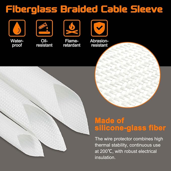 MECCANIXITY 49ft Braided Cable Sleeve, 1/32" ID 200C High Temperature 1500V Fiberglass Wire Insulation Cord Protector Organizer Wires Management for Motor Engine Fuel Line, White