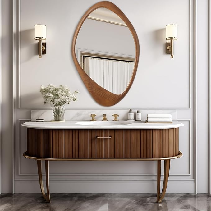 AAZZKANG Asymmetrical Wall Mirror Large 28"x20" Retro Irregular Vanity Mirrors Decorative for Bathroom Bedroom Living Room Hallway Brown