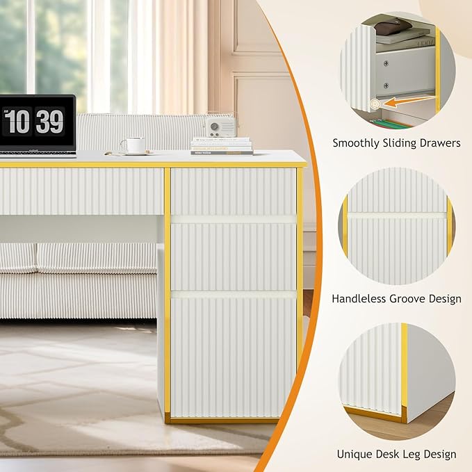 58 Inch White Desk with 7 Drawers, White and Gold Computer Desk with File Drawers for Bedroom, Home Office Desk for Study, Living Room