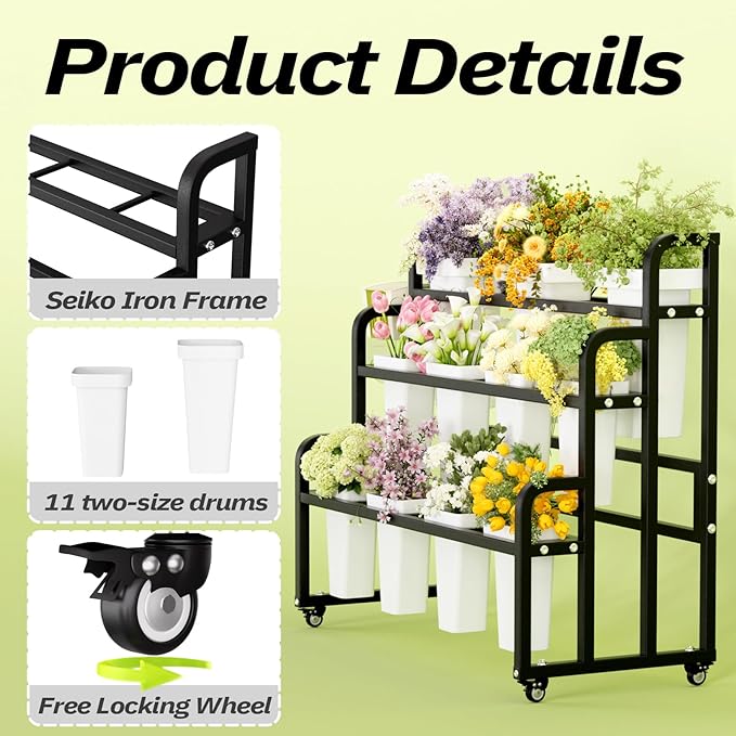 Heavy Duty 3-Layer Metal Flower Display Stand, 11-Bucket Flower Bar with Tool Basket, Thickened Frame & 360° Swivel Wheels, Flower Cart for Patio, Garden, Florist, Wedding & Party (Black)