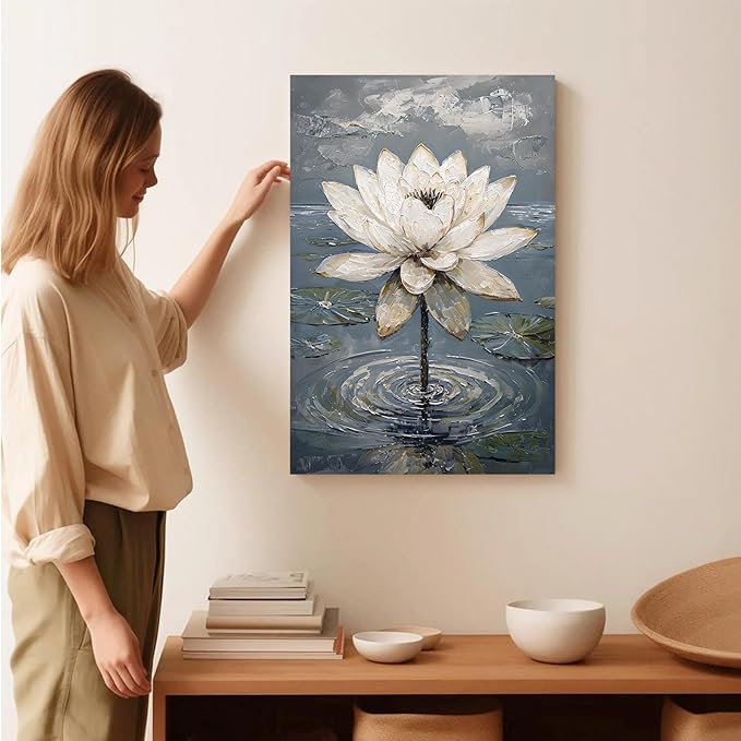Stunning white lotus emerges from prismatic water with delicate petals background Serene aquatic wall art suitable for modern minimalist decor 28x40in Frameless