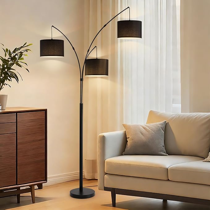 Netin 3 Light Arc Floor Lamps for Living Room, Led Floor Lamp with Remote Control, Modern 80" Tall Standing Lamp, 3 Color Temperature, Mid Century Tree Floor Lamp for Bedroom, Office (Black)