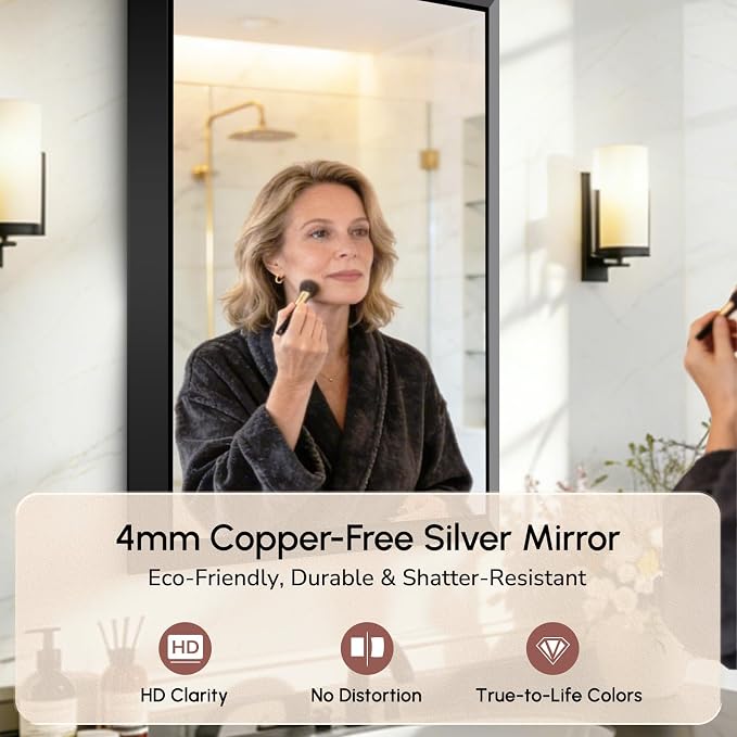 USHOWER 24x36 Inch Floating Bathroom Mirror - Brushed Black Wall Mirror for Over Sink, Anti-Rust, Beveled Aluminum Frame, Modern Rectangular HD Reflection Vanity Mirror(Copper-Free Silver Coating)