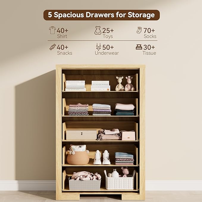 5 Drawers Dresser for Bedroom, 45" Tall Modern Chest of Drawers with Metal Handle, Wood Closet Clothes Storage Organizer for Living Room, Hallway, Entryway