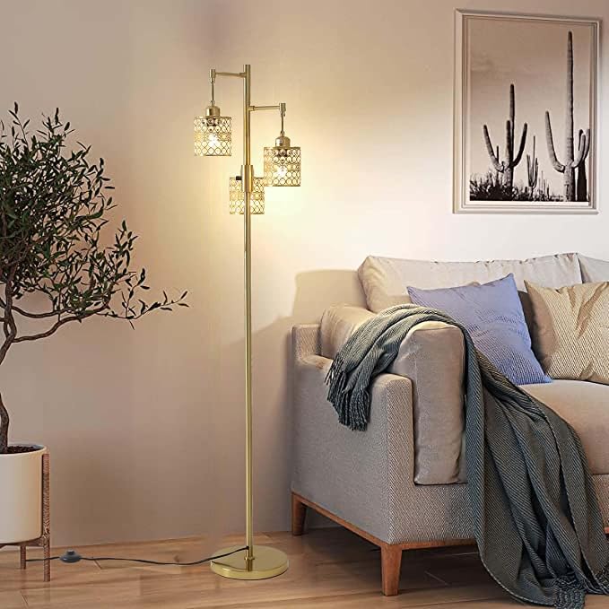 Industrial Floor Lamp,Dimmable Floor Lamp,Gold Tree Lamp Standing Lamp Tall Pole Lamps with 3 Elegant Crystal lampshades for Living Room Bedroom Office, Indoor