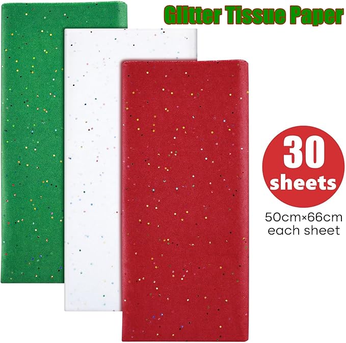NEBURORA Glitter Tissue Paper for Packaging 50x66cm White Green Red Tissue Paper for Christmas Gift Wrapping Bouquet Packaging Craft Paper for Christmas Party Supplies 30 Sheets