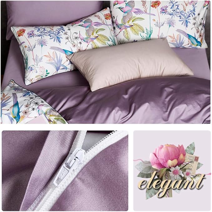 VM VOUGEMARKET Purple Floral Birds Duvet Cover Set,Botanical Flower Plants Pattern Bedding Set in Lilac with Zipper Closure No Comforter(3pcs, Queen Size)