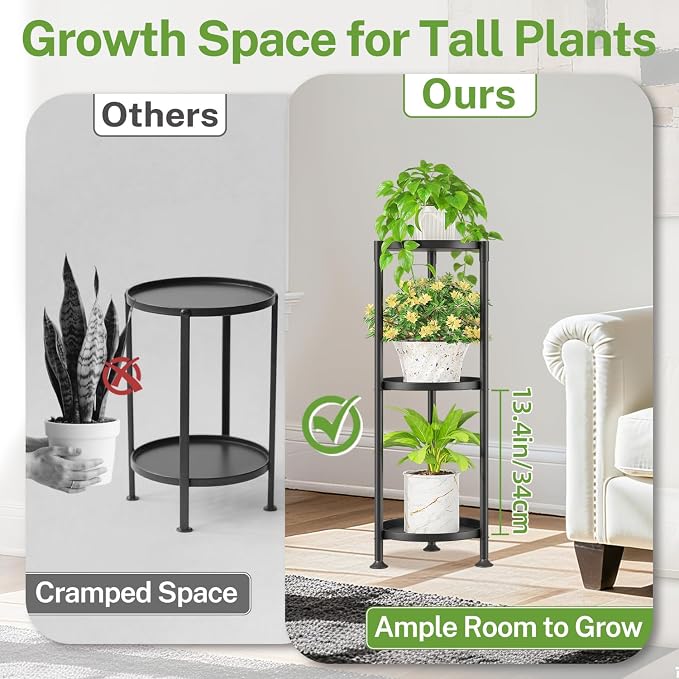 iDavosic.ly 3 Tier Plant Stand Indoor with 10 Inch Wide Tray, Tiered Corner Metal Outdoor Flower Display Holder, Vertical Tall Rack for Patio Porch Living Room, Modern Black