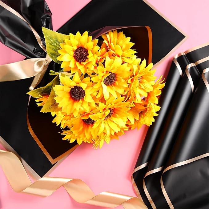 Yahenda 420 Sheet Black Flower Wrapping Papers Flower Bouquets with Gold Edge Korean Style Wrapping Paper for DIY Craft Package Decoration Floral Supplies, 23 x 23 Inch