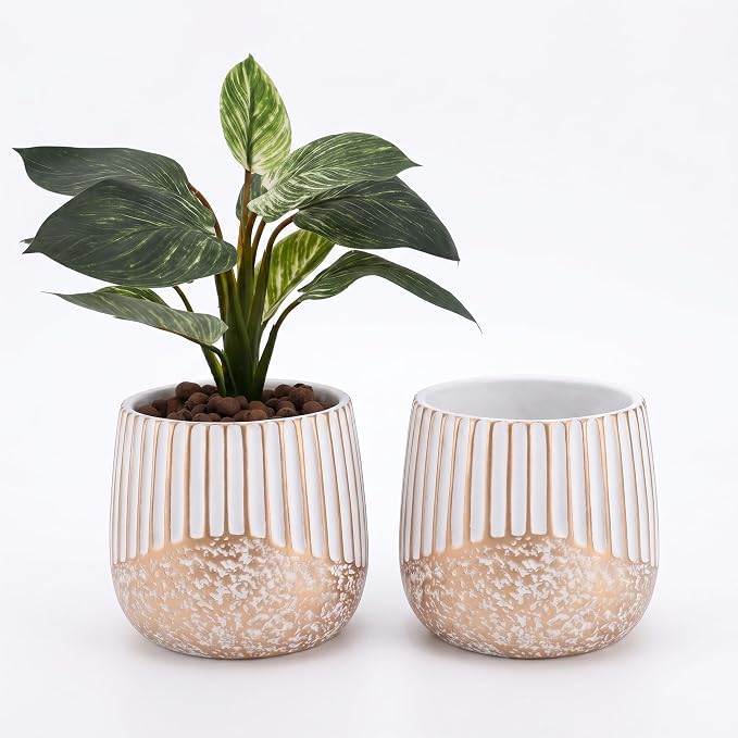 Vanavazon 2-Pack Cement Plant Pots for Indoor Plants,6 Inch Flower Pots with Drainage Holes for Houseplants,Succulents, Snake Plants (White Gold)