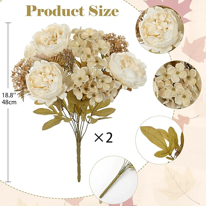 Hollyone 2Pcs Artificial Fall Flowers Bouquet 18.8" White Dried Peony Hydrangea Fake Fall Floral Silk Flowers Autumn Faux Flower Arrangement for Home Wedding Table Centerpiece Thanksgiving Party Decor