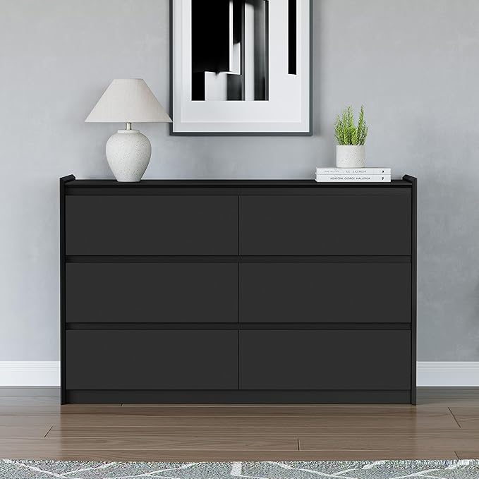 Black Dresser for Bedroom, 47" Wide Chest of Drawers, Simply Modern 6 Drawer Storage Organizer for Closet, Hallway, or Living Room