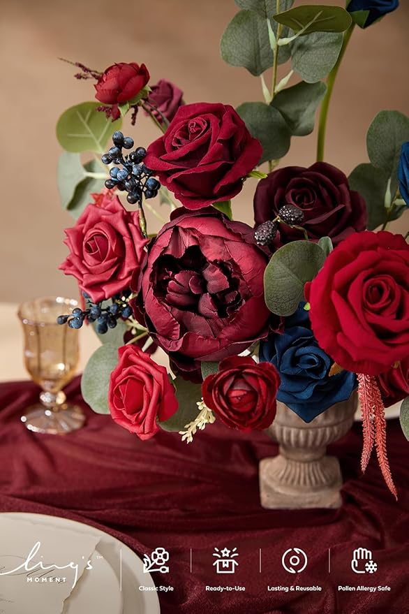 Ling's Moment Burgundy Flowers Artificial, Navy Blue Fake Flowers, Red Flowers and Greenery Combo for DIY Wedding Bridal Bouquet, Centerpieces, Home Decor, Floral Arrangement Decor, etc.