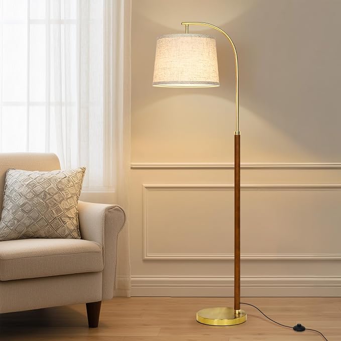 CINKEDA Wood Arc Floor Lamp,63" Tall Mid Century Modern Standing Lamp with Foot Switch & 3 Color Temperatures,Vintage Floor Lamps for Living Room Bedroom Office Reading Corner (Bulb Included),Walnut-A