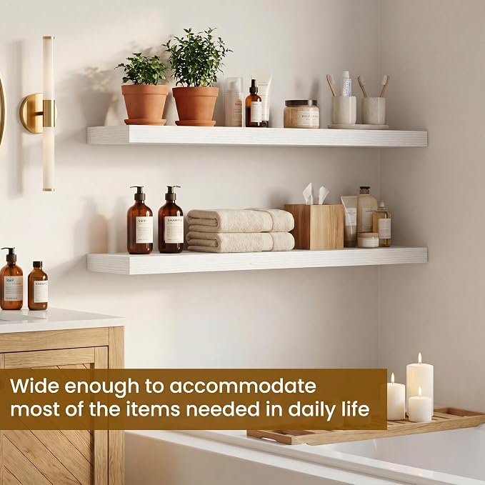 Dreamland 32inch Floating Shelves for Wall, Rustic White Floating Shelves for Bathroom|Bedroom|Kitchen, Deep Wall Mounted Book Shelf, Wood Storage Display Shelf for Home Decor, Set of 2
