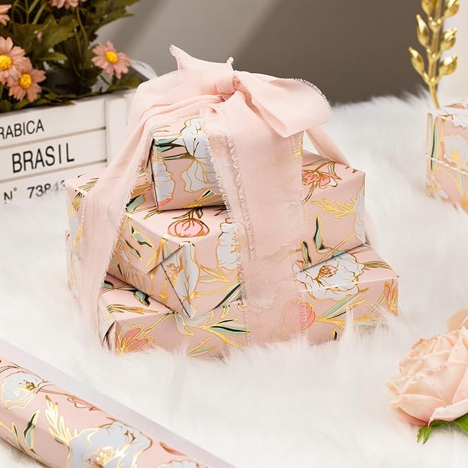 Merture Floral Wrapping Paper Roll - 17 In X 32.8 Ft - 1 Roll (46.5 sqft.ttl.) Pink Wedding Wrapping Paper Gift Wrap paper for Wedding, Bridal Shower，Valentines Day, Mothers Day, Birthday, Christmas