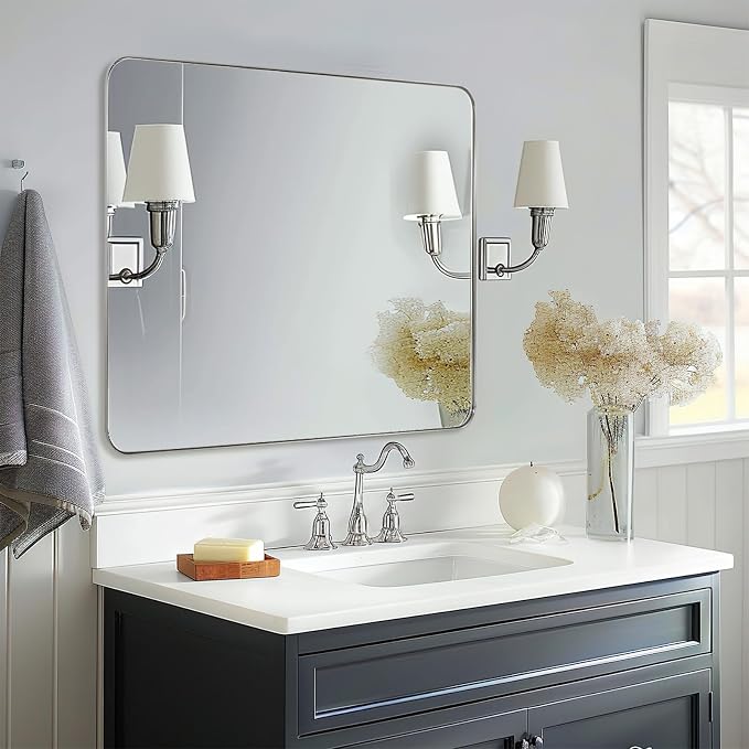 ANDY STAR Square Brushed Nickel Mirror for Bathroom, 24”x24” Silver Metal Frame Wall Mirror, Rounded Corner Stainless Steel Hangs Horizontal Or Vertical