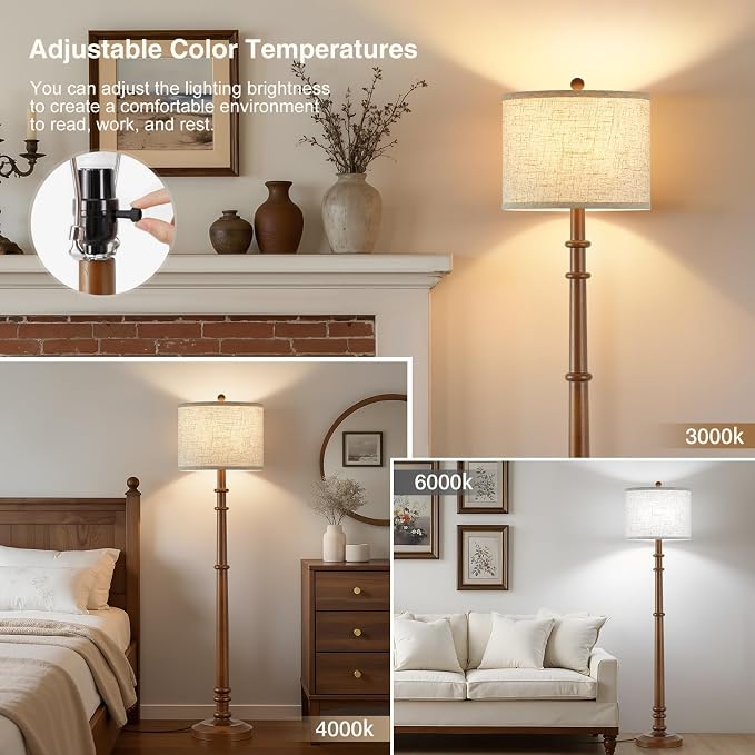 Floor Lamps for Living Room - 60" Wood Farmhouse Floor Lamp with Adjustable Color Temperatures - Vintage Standing Lamp Reading Light with Linen Shade Rustic Tall Lamp for Bedroom Office, Dining Room