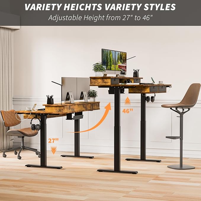 Kingant Standing Desk with Fast Charging USB Ports, 48" x 30" Height Adjustable Home Office & Gaming Desk, Sit Stand Desk with Built-in Storage Shelf, Hook & Ergonomic Design(Rustic Brown)