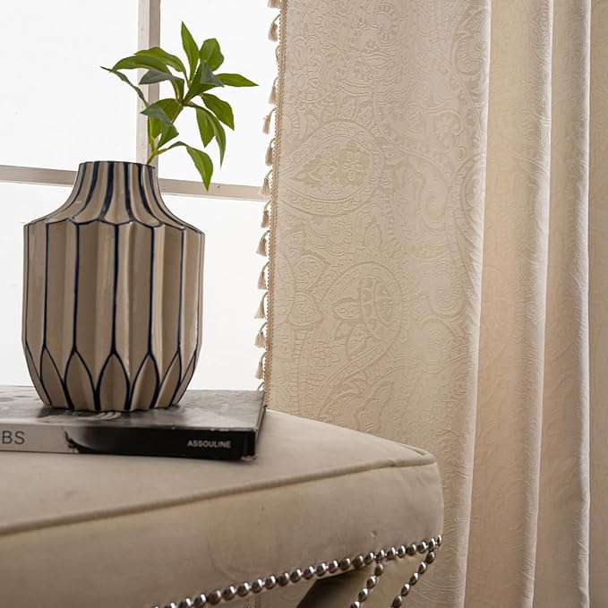 ENJOYBRIDAL Paisley 63 Inch Curtains for Bedroom Living Room Drapes Jacquard Semi Sheer Off White Short Window Curtain Panels Rod Pocket 2 Panels Set Boho Farmhouse Floral Cream Window Treatments