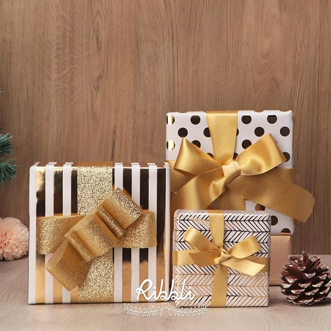 Ribbli Birthday Wrapping Paper White and Gold Gift Wrapping Paper for Christmas Mini Roll, 3 Rolls Polka Dots Stripes Geometry Pattern with Gold Foil - 17 inch x 120 inch(10feet) Per Roll