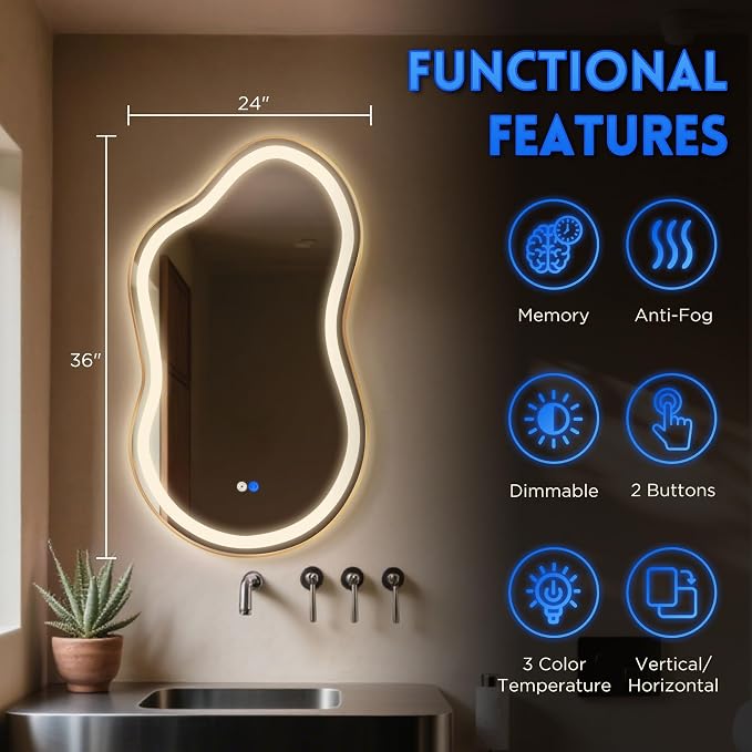 Irregular Led Backlit Bathroom Mirror -24"x36" Single Piece, Asymmetrical Cloud Lighted Vanity Mirror with Lights for Wall, Anit-Fog, Dimmable, Memory (Vertical/Horizontal)