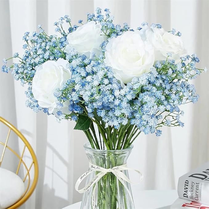 JIFTOK Babys Breath Artificial Flowers, 12 Pcs Fake Flowers Gypsophila Bouquet Fall Flowers Artificial for Decoration, Real Touch Silk Flower for Wedding Christmas DIY Party Home Garden Office(Blue)